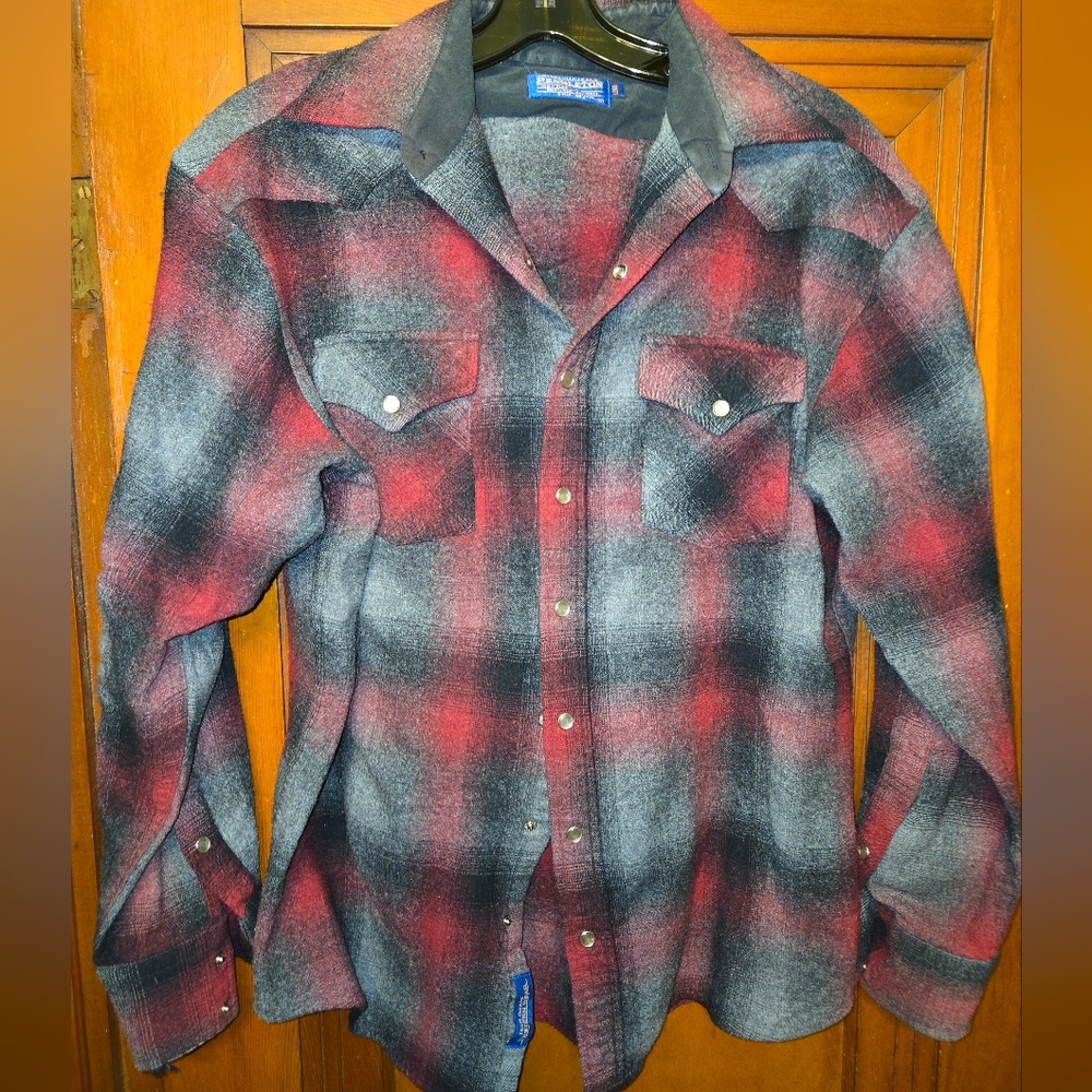 Vintage Pendleton Red and Black Plaid Wool Shirt with Snaps